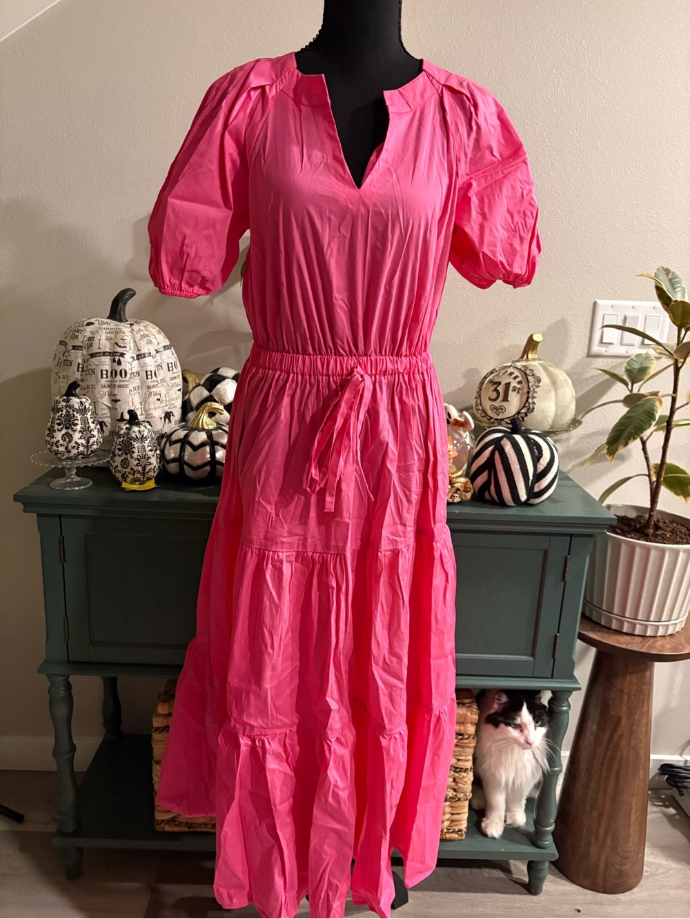 Anne Klein Bright Hot Pink Tiered Midi Dress with Tie Waist